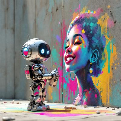 The primary subject of the image is a robot, which is standing in front of a colorful painting of a woman. The robot appears to be interacting with the painting, possibly admiring or reacting to the artwork. The setting is an outdoor environment, with the robot and the painting on a wall. The visual style of the image is a combination of photo and digital art, creating a unique and vibrant scene. The colors and mood of the image are lively and energetic, with the bright colors of the
